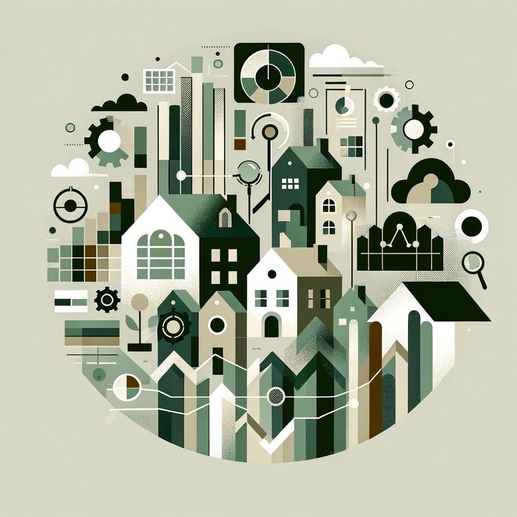 Abstract image depicting strategic investment consulting, with elements symbolizing data analysis, real estate growth, and informed decision-making in property investments.